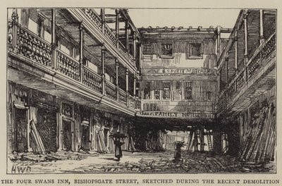 The Four Swans Inn, Bishopsgate Street, geschetst tijdens de recente sloop door Henry William Brewer